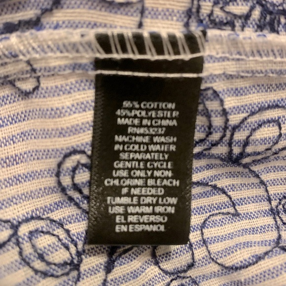 Plus blue & white striped dress with gorgeous navy embroidery. Button front. 5X. - Picture 6 of 6